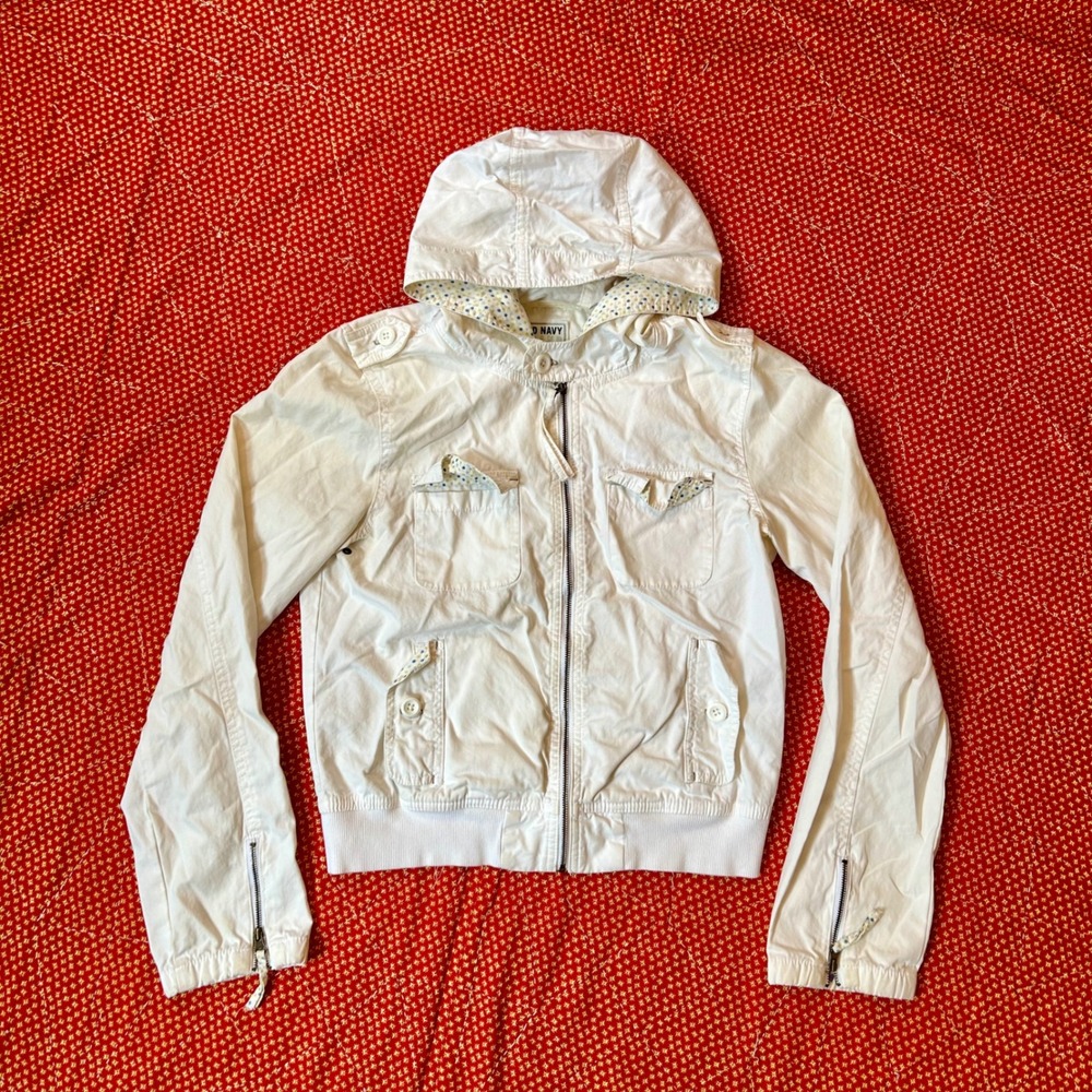 Old Navy Vintage Y2K White Hooded Bomber Jacket Polka Dot Trim Size M 385859